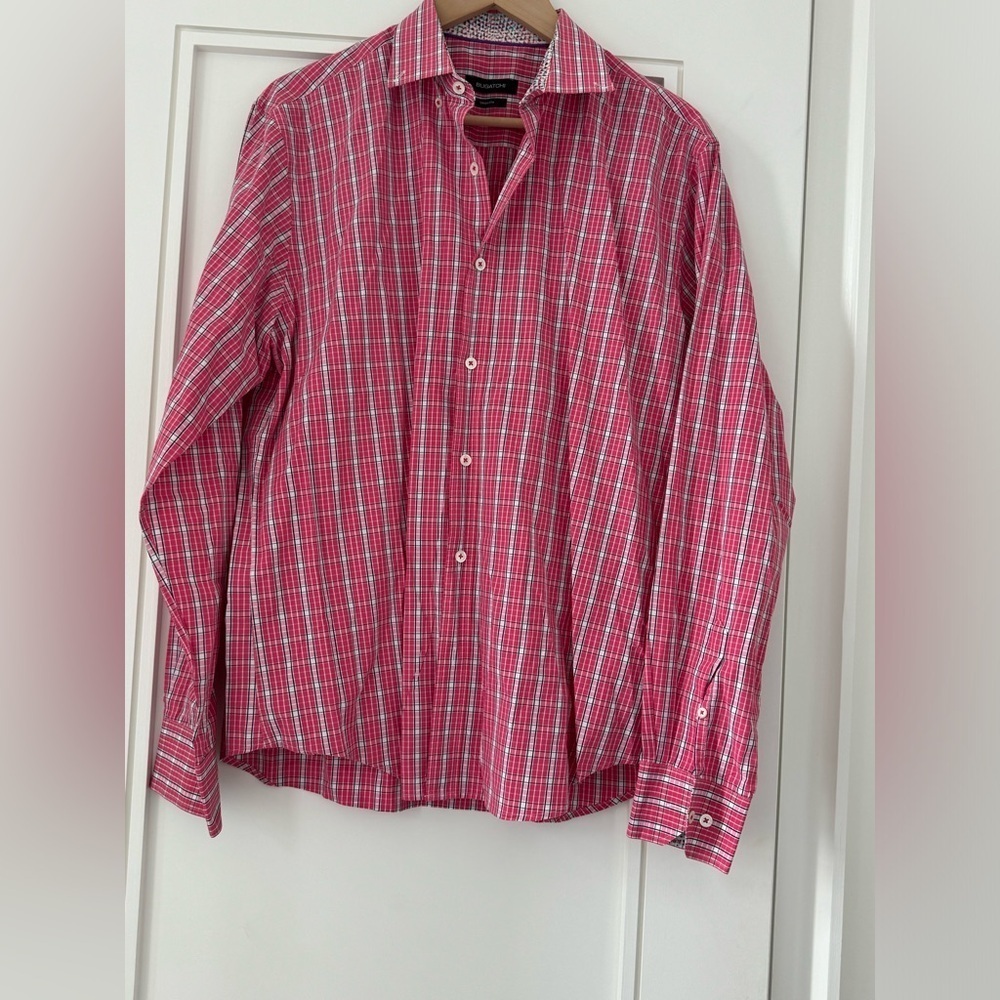 BUGATCHI Men's Large Uomo Red Plaid Long Sleeve Button Shirt